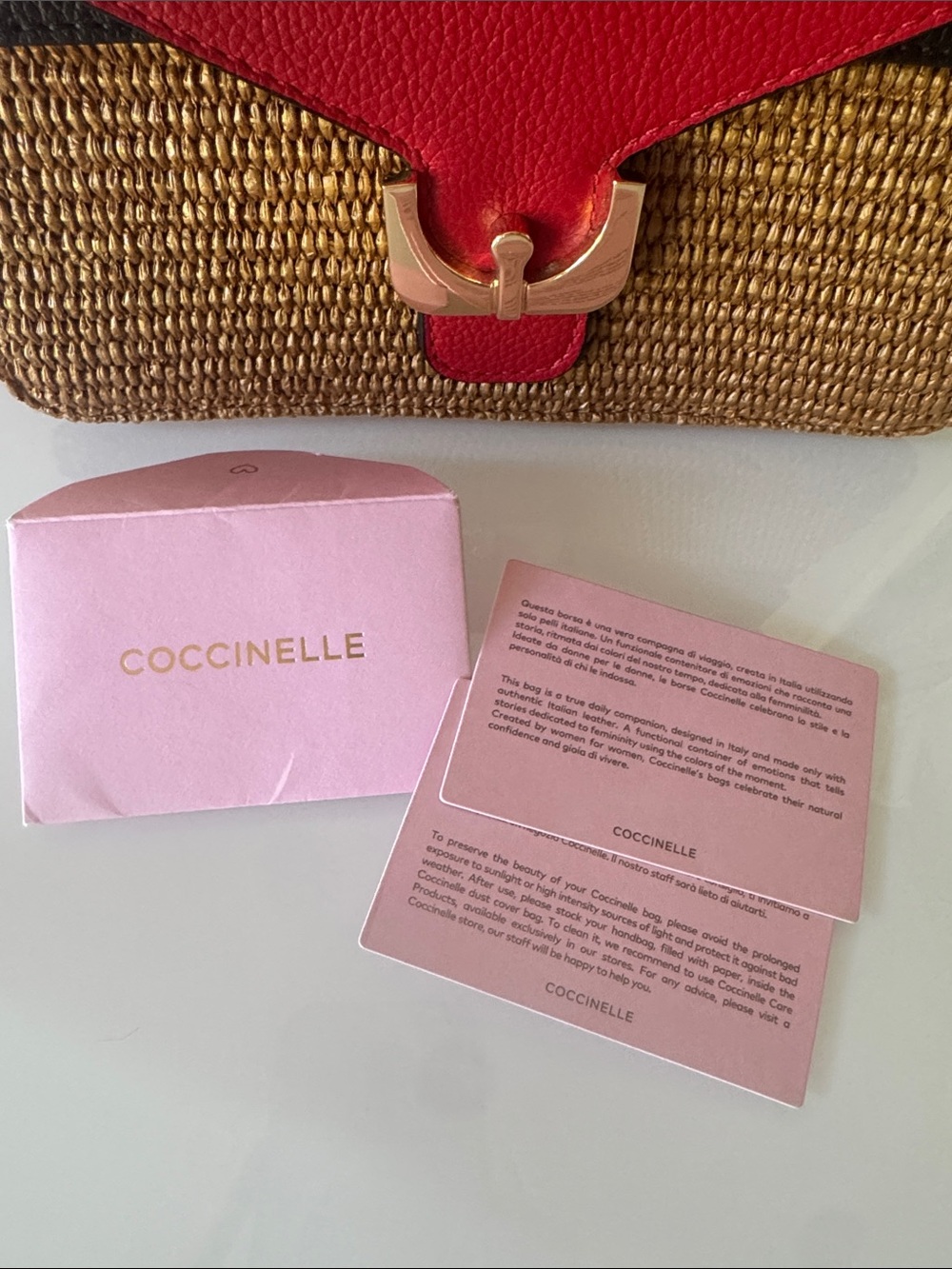 Coccinelle Ambrine Bag Red Leather Rattan with Shoulder Strap and Scarf - Picture 13 of 16